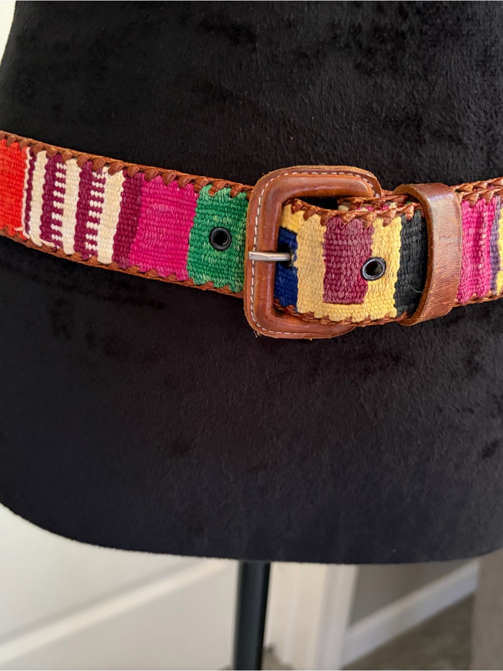 Multicolor Woven Stripe Leather-Trim Belt